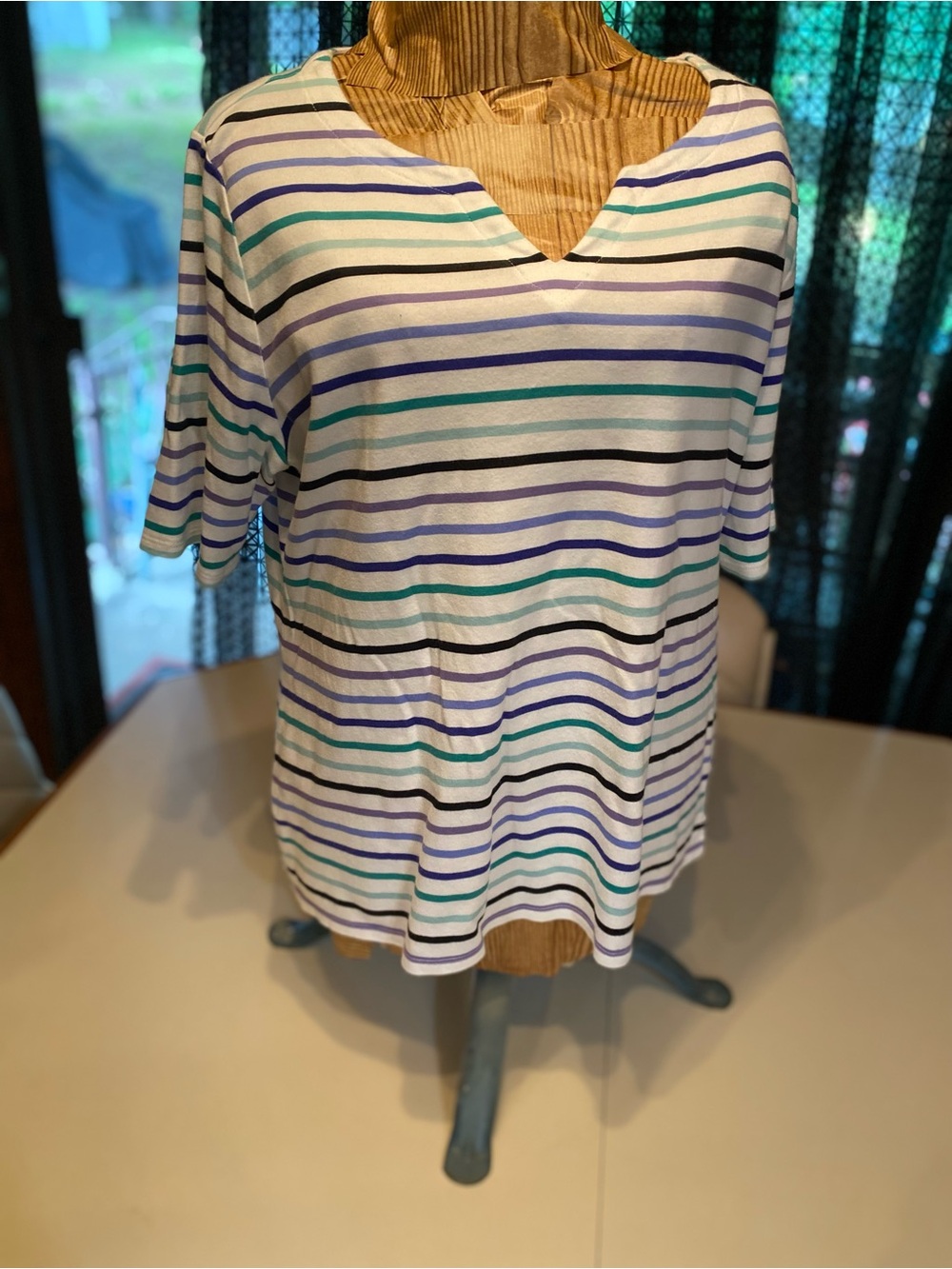 croft & barrow White Striped Short Sleeve Tee with Blue, Teal, and Black Stripes